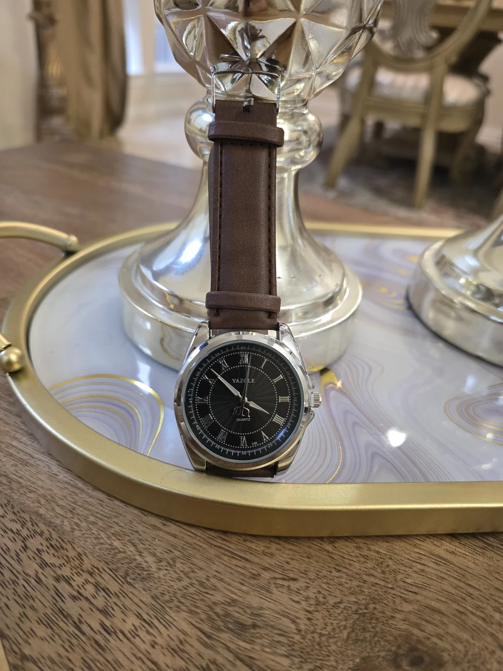 Men's Brown Leather Strap Watch with Black Dial